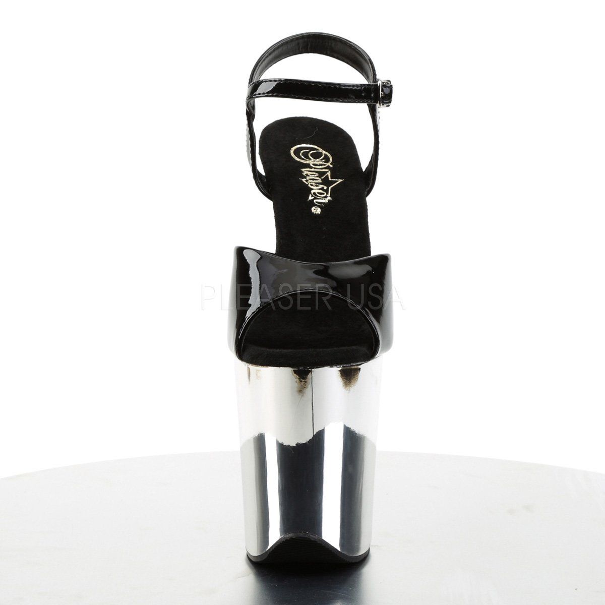 FLAMINGO-809 Black Patent/Silver Chrome Platform Sandal Pleaser