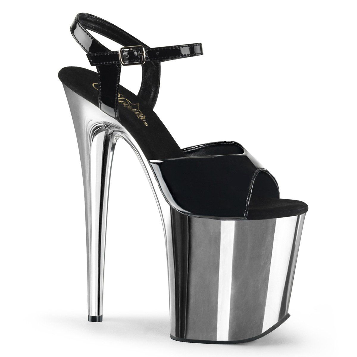 FLAMINGO-809 Black Patent/Silver Chrome Platform Sandal Pleaser