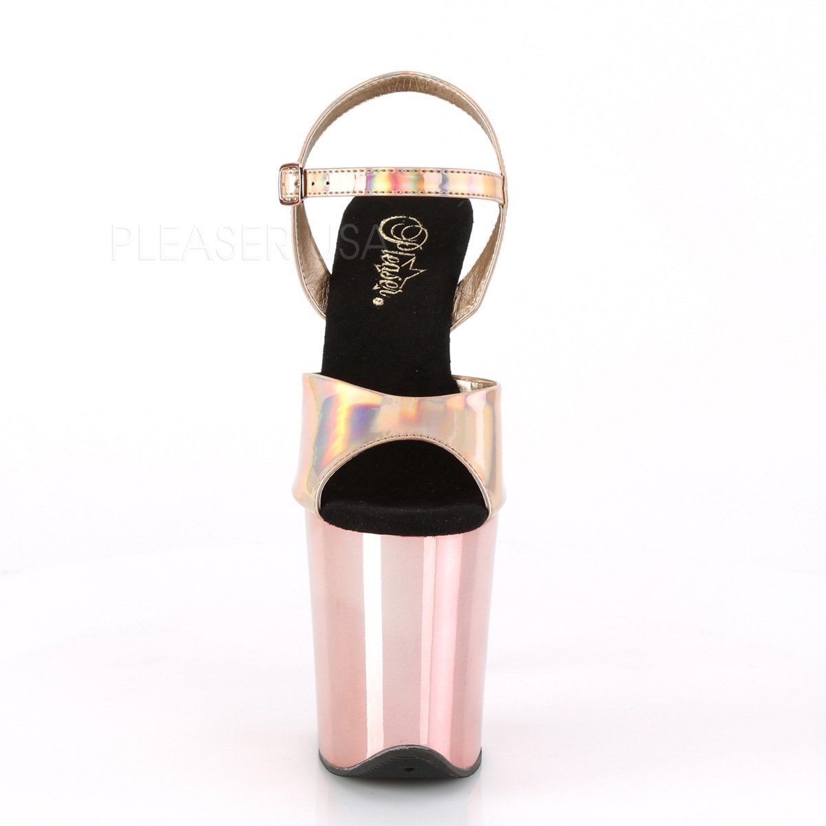 FLAMINGO-809HG Rose Gold Hologram/Rose Gold Chrome Platform Sandal Pleaser