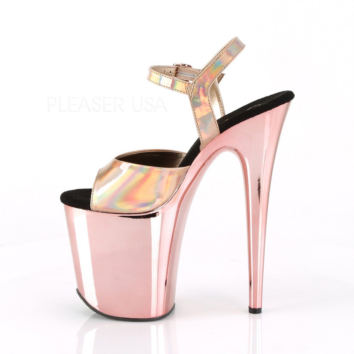 FLAMINGO-809HG Rose Gold Hologram/Rose Gold Chrome Platform Sandal Pleaser