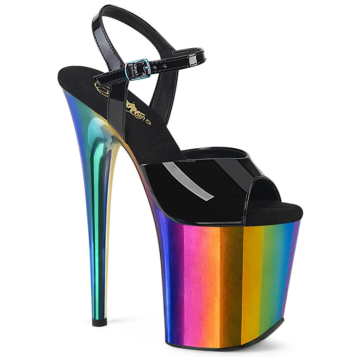 FLAMINGO-809RC Black Patent/Rainbow Chrome Platform Sandal Pleaser