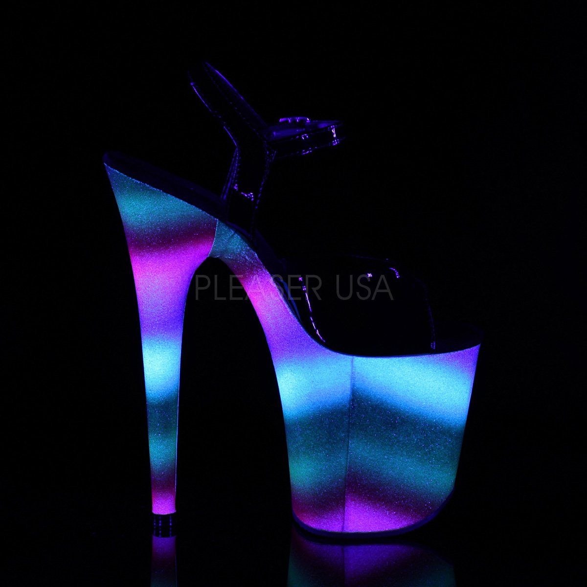 FLAMINGO-809WR Black Patent/Rainbow Glitter Platform Sandal Pleaser