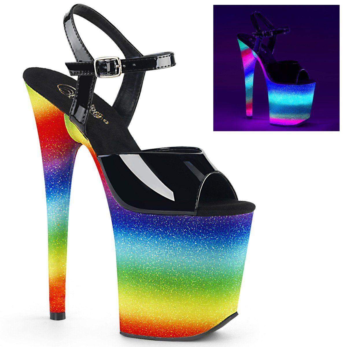 FLAMINGO-809WR Black Patent/Rainbow Glitter Platform Sandal Pleaser