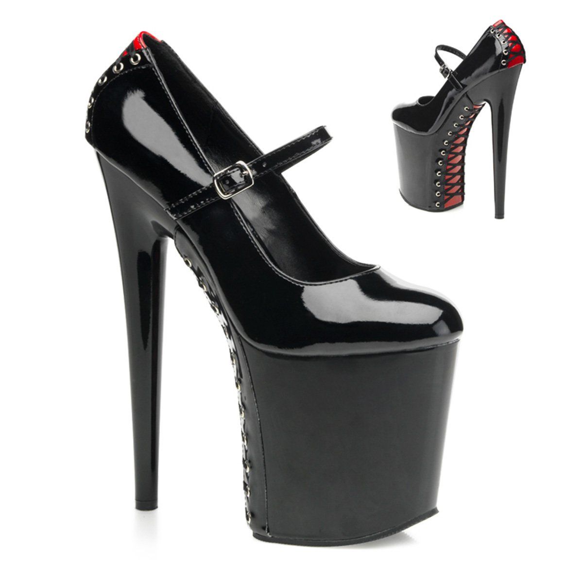 FLAMINGO-887FH Black-Red Patent/Black Mary Janes Pleaser