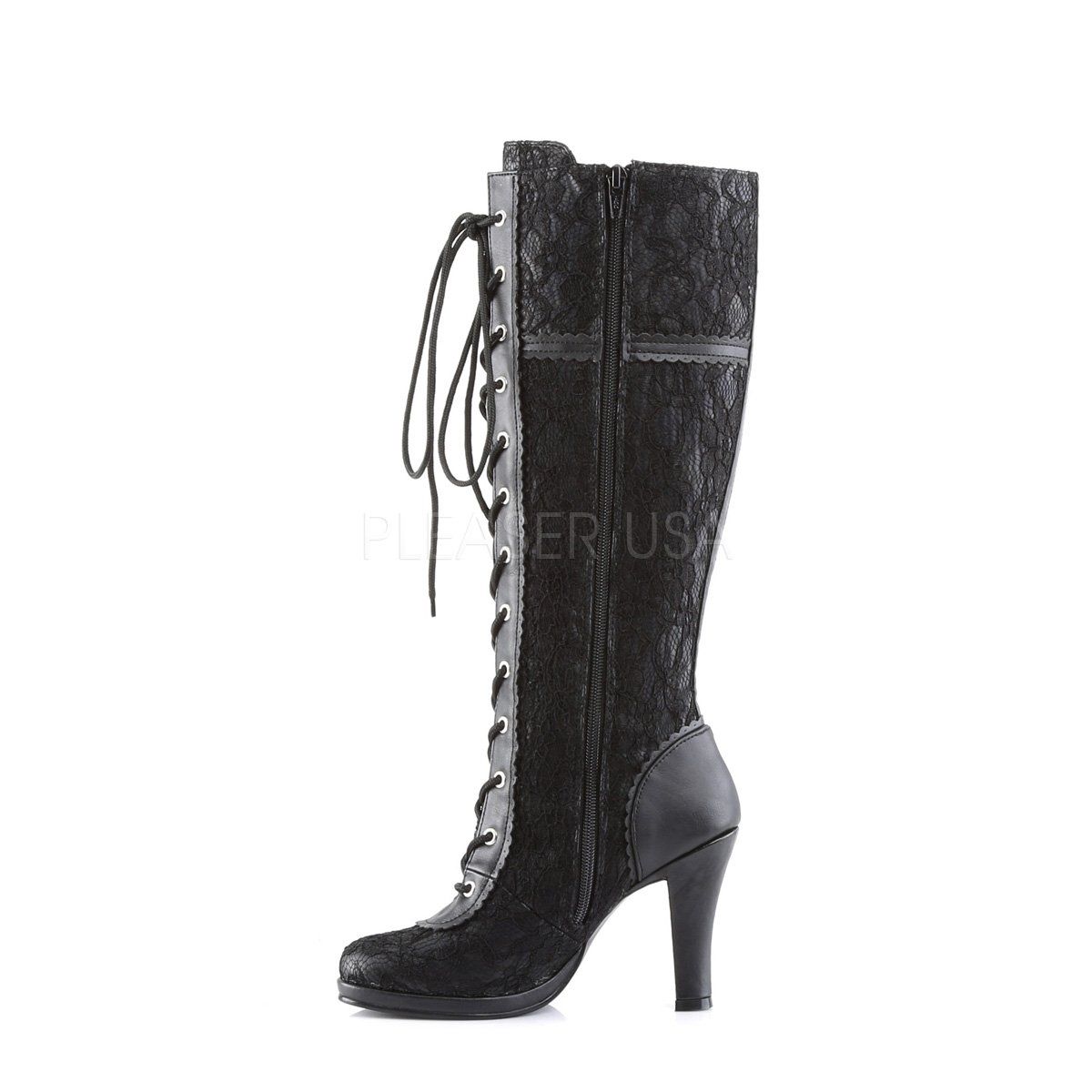 GLAM-240 Black Vegan Leather-Black Lace Knee Boot Demonia