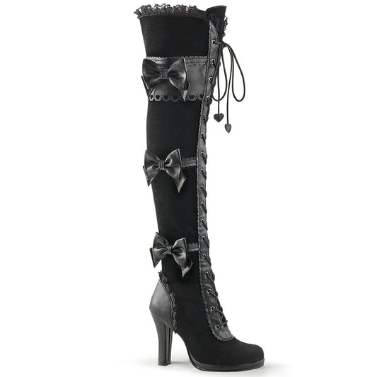 GLAM-300 Black Vegan Leather-Velvet Knee Boot Demonia