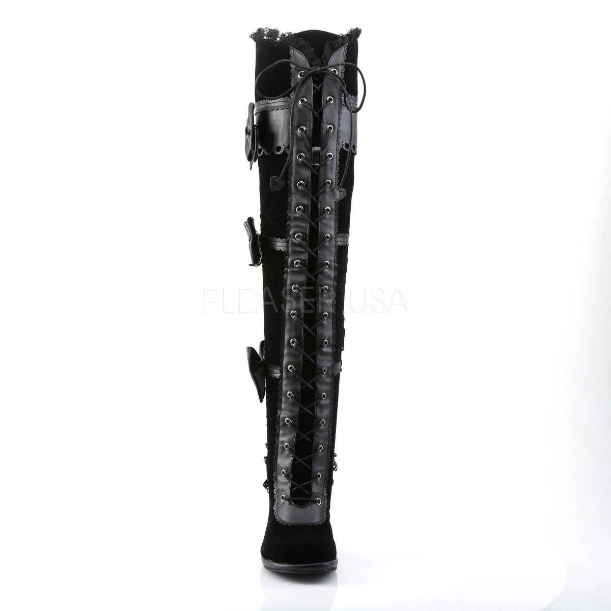 GLAM-300 Black Vegan Leather-Velvet Knee Boot Demonia
