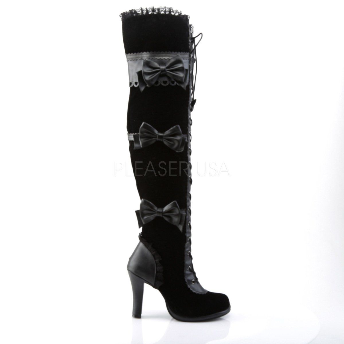 GLAM-300 Black Vegan Leather-Velvet Knee Boot Demonia