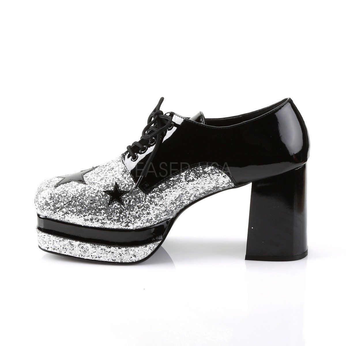 GLAMROCK-02 Black Patent-Silver Glitter Funtasma