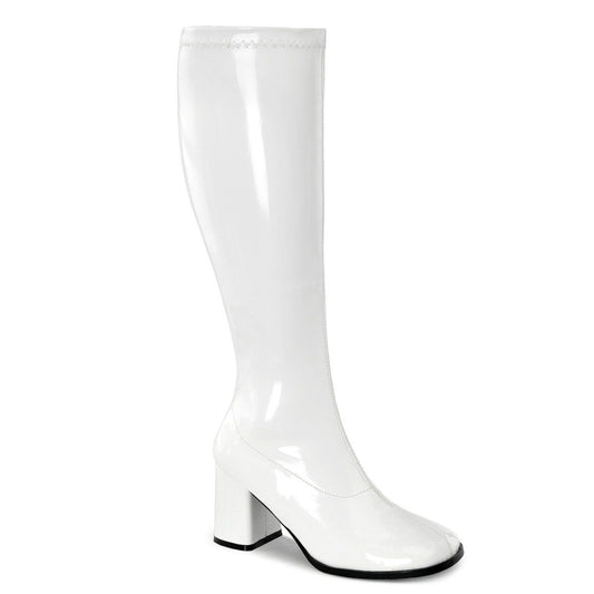 GOGO-300WC Wide Calf White Stretch Patent Funtasma