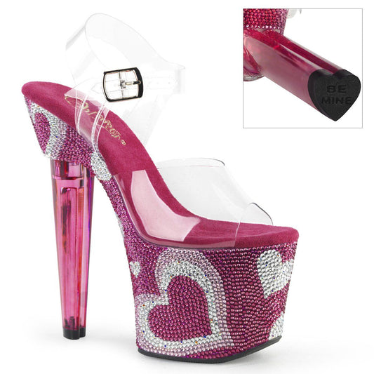 LOVESICK-708HEART Clear/ Hot Pink-White Rhinestone Platform Sandal Pleaser