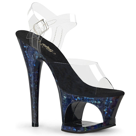 MOON-708HSP Clear/Midnight Blue Hologram Platform Sandal Pleaser