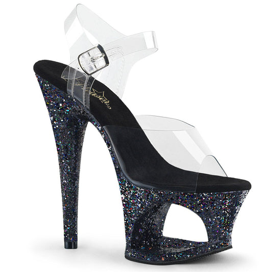 MOON-708LG Clear/Black Multi Glitter Platform Sandal Pleaser