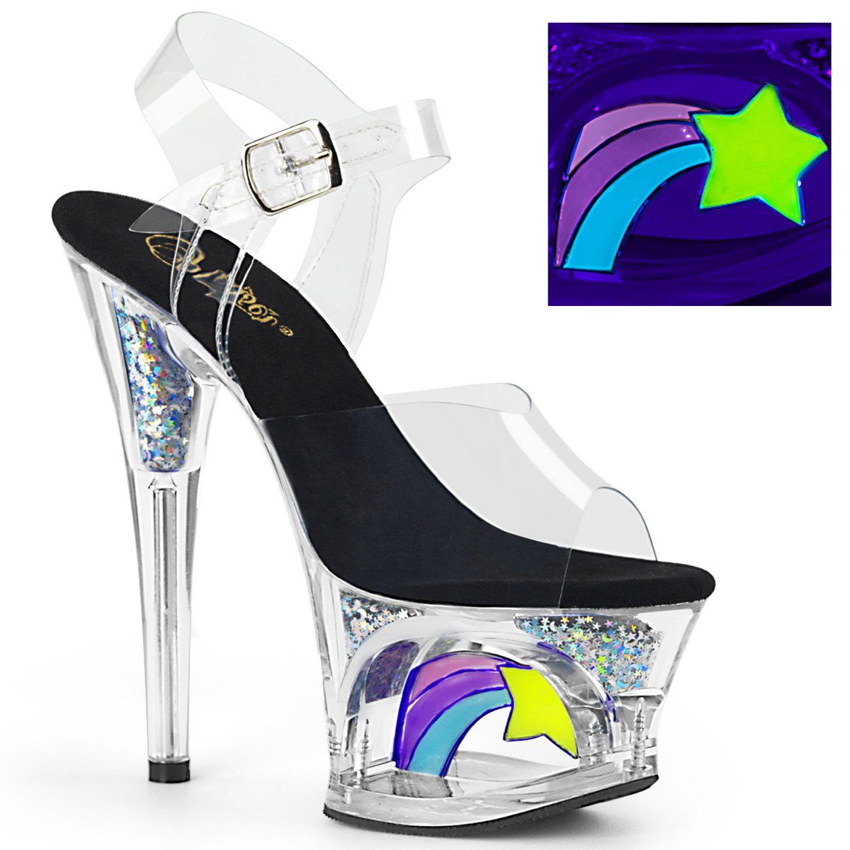 MOON-708RhinestoneS Clear-Black/Clear Platform Sandal Pleaser