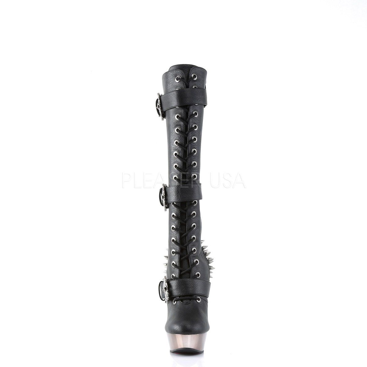 MUERTO-2028 Black Vegan Leather/Pewter Knee Boot Demonia
