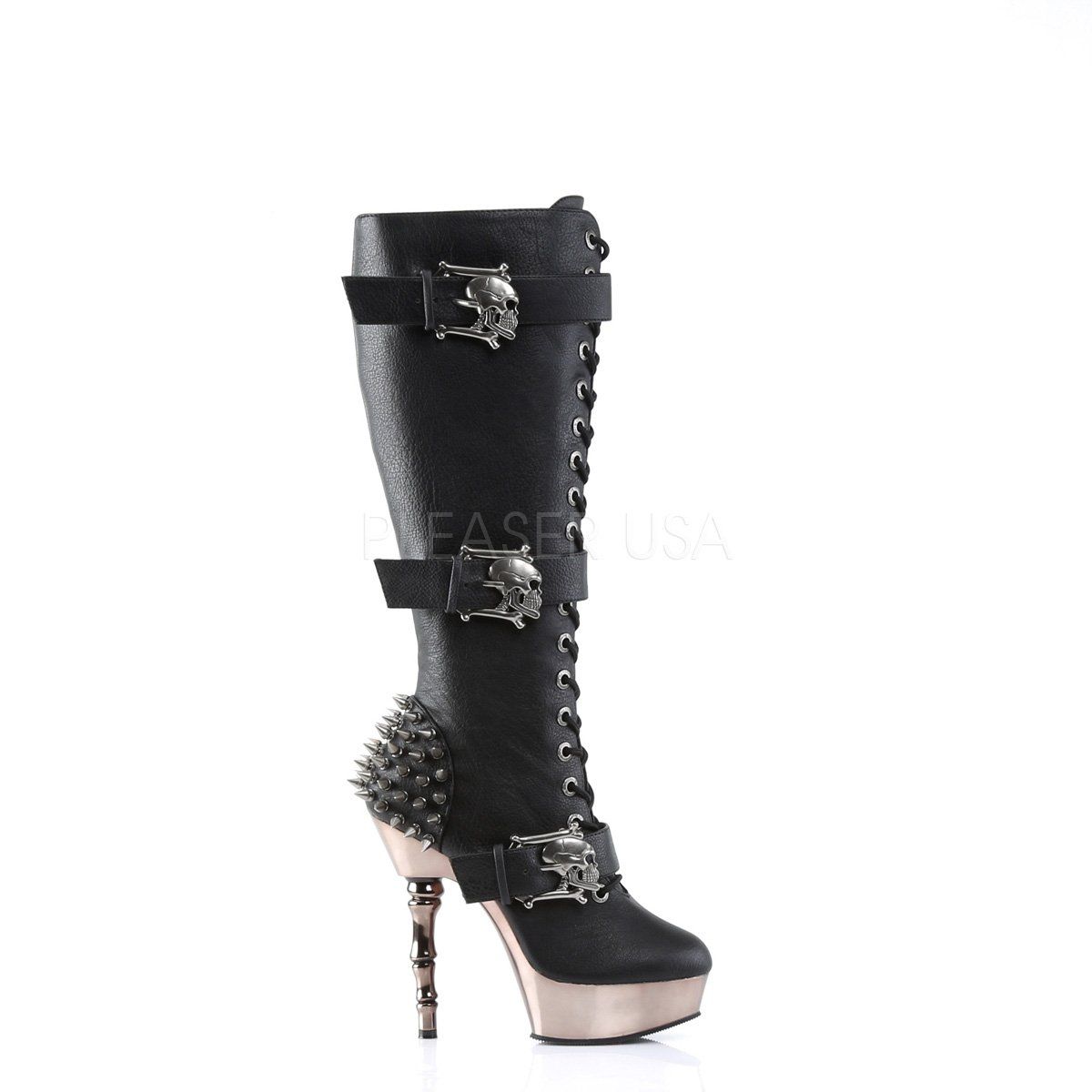 MUERTO-2028 Black Vegan Leather/Pewter Knee Boot Demonia