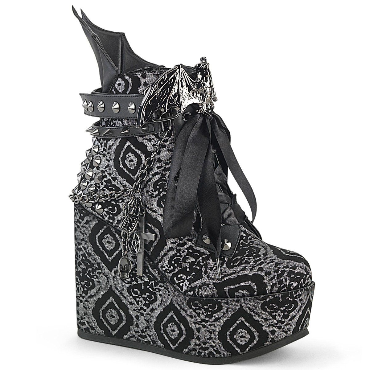 POISON-107 Black-Silver Faux Nubuck Leather Ankle Boot Demonia