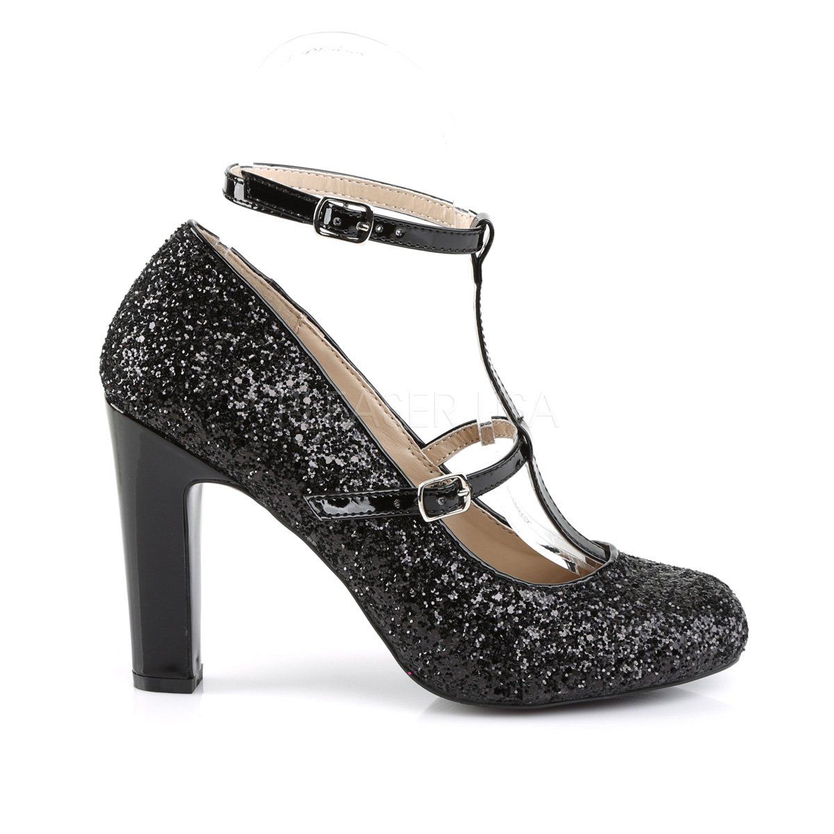 QUEEN-01 Black Glitter-Patent Pleaser Pink Label