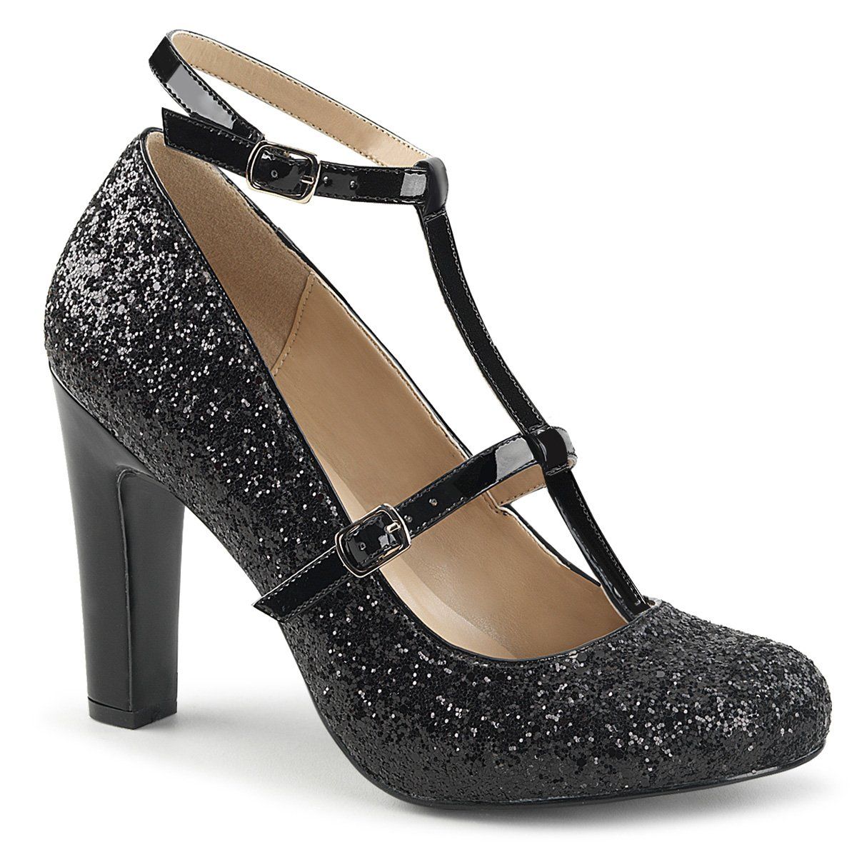 QUEEN-01 Black Glitter-Patent Pleaser Pink Label