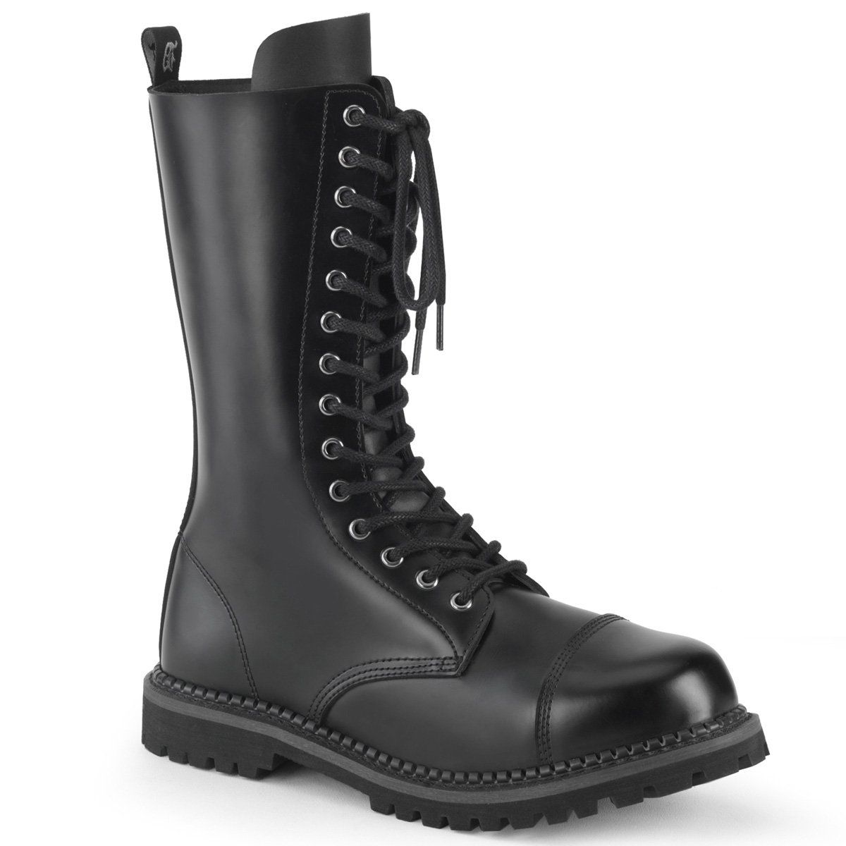 RIOT-14 Black Leather Mid-Calf Boot Demonia
