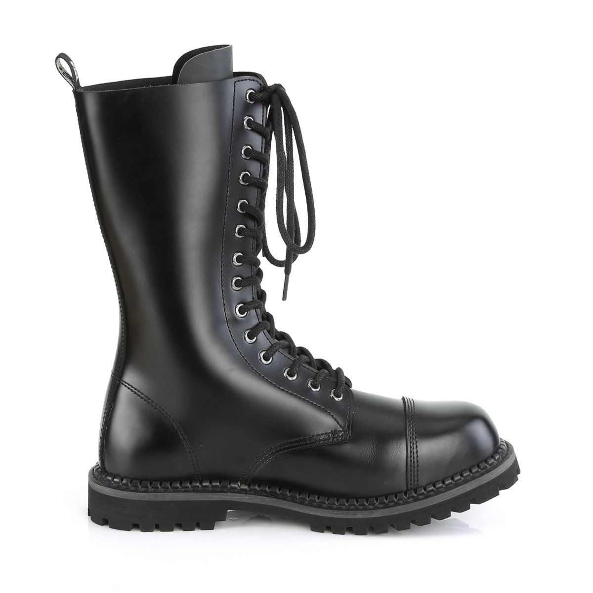 RIOT-14 Black Leather Mid-Calf Boot Demonia