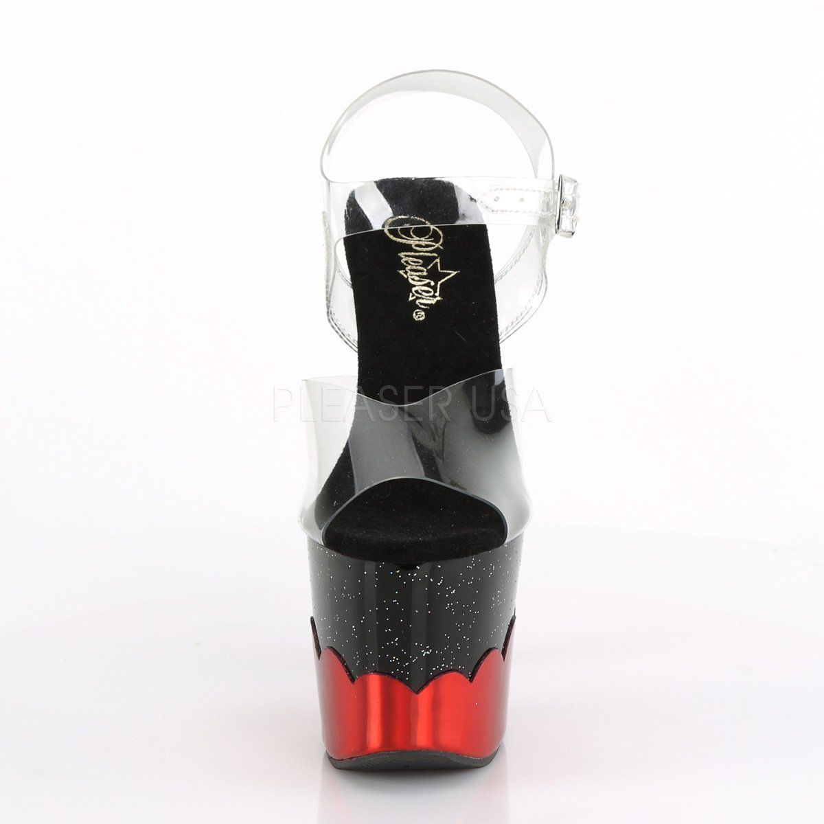 SCALLOP-708-2HGM Clear/Black-Red Hologram Platform Sandal Pleaser