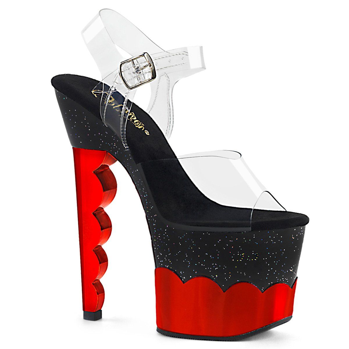 SCALLOP-708-2HGM Clear/Black-Red Hologram Platform Sandal Pleaser