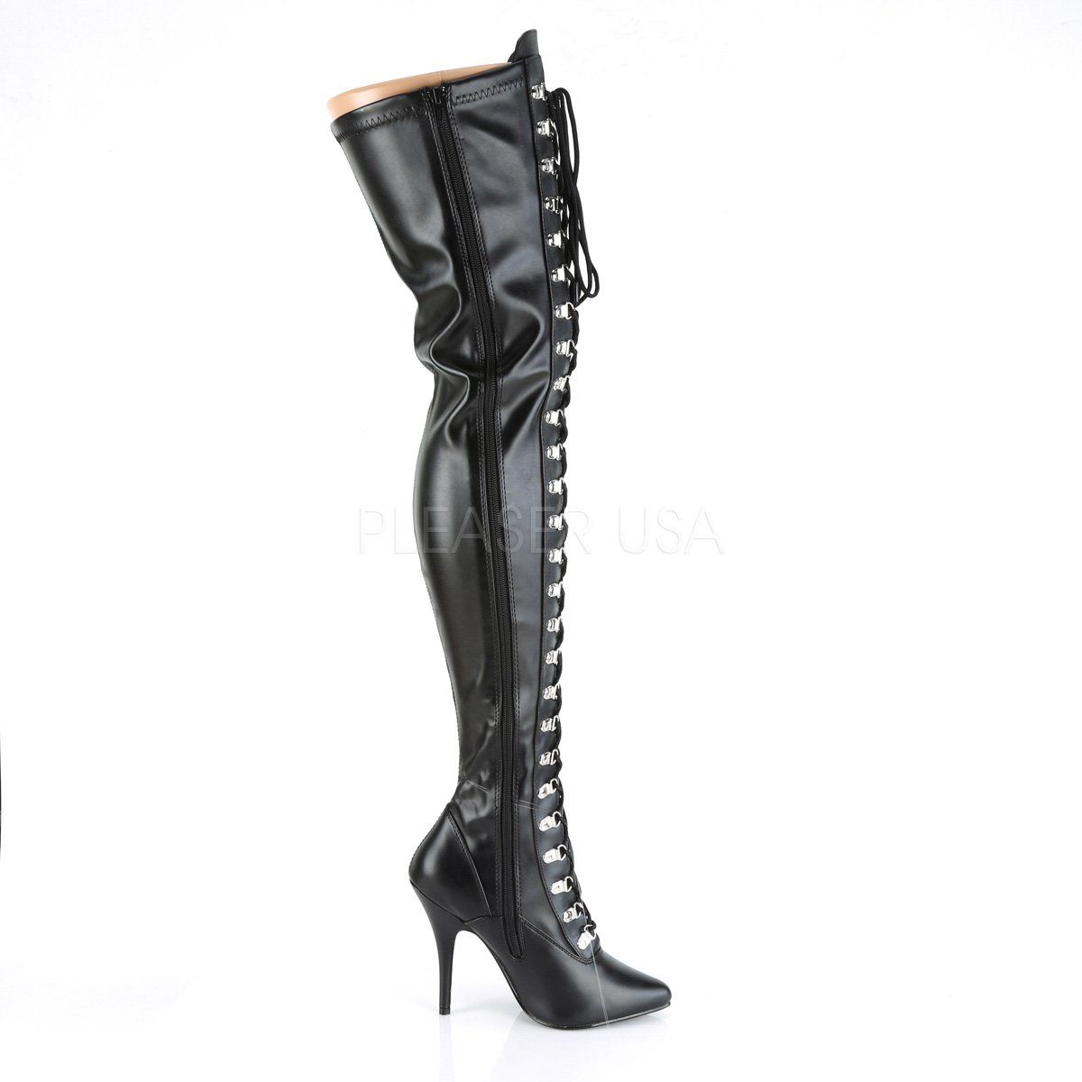 SEDUCE-3024 Black Stretch Faux Leather Thigh Boot Pleaser