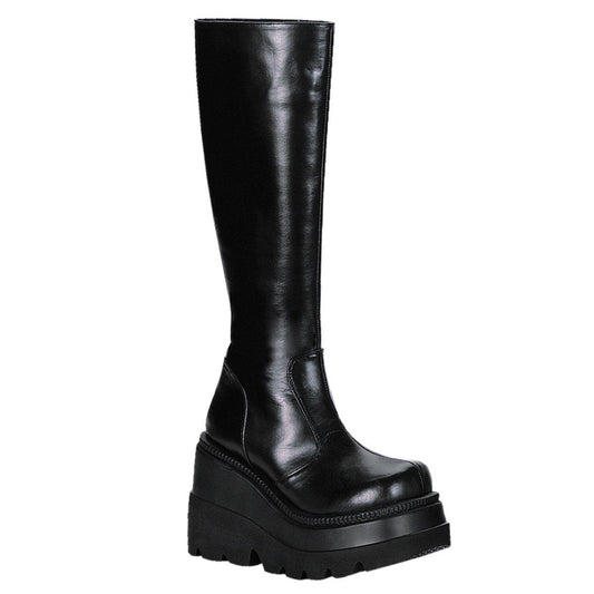 SHAKER-100 Black Vegan Leather Knee Boot Demonia