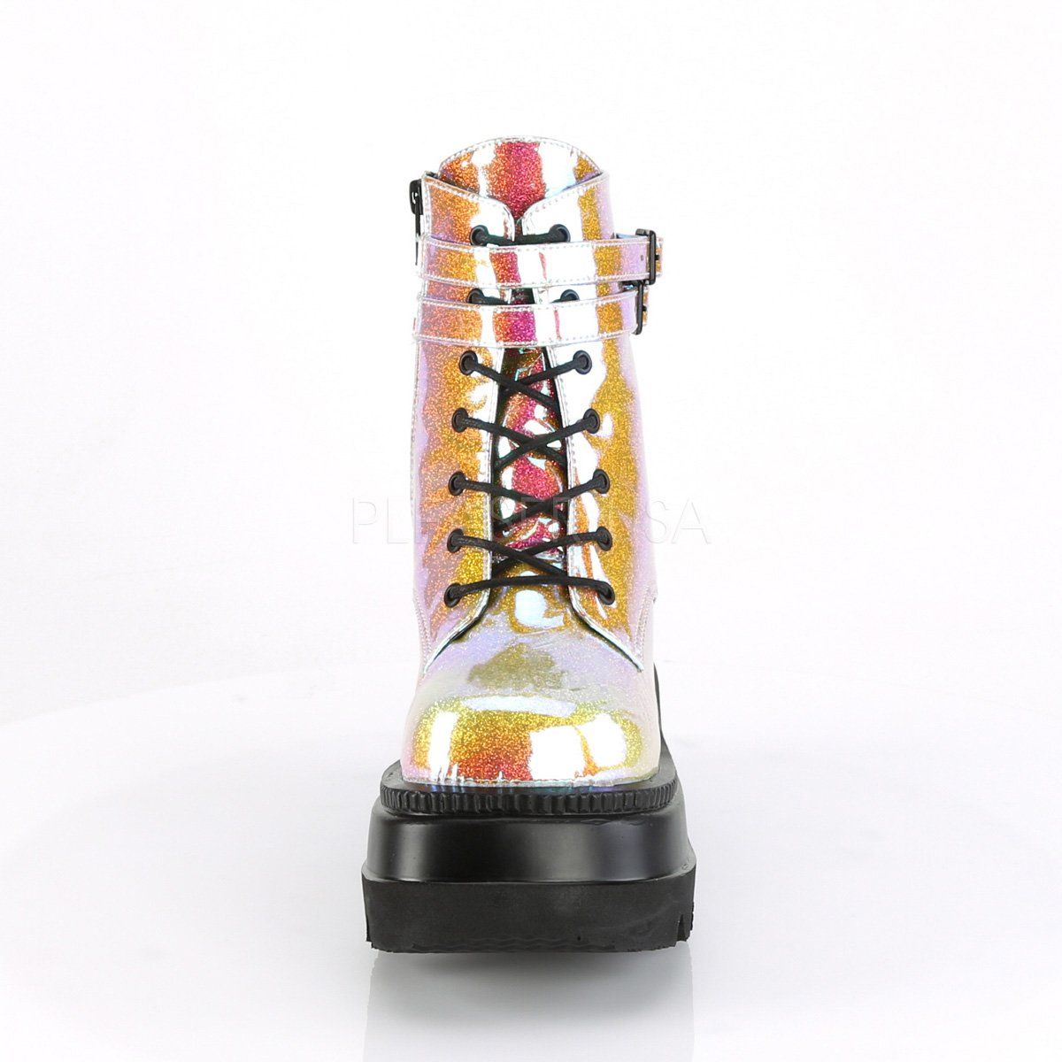 SHAKER-52 Pink Shifting Glitter Vegan Leather Ankle Boot Demonia