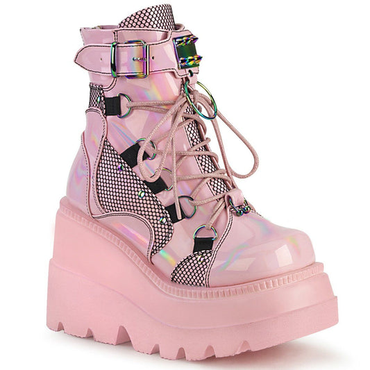 SHAKER-60 Baby Pink Hologram Ankle Boot Demonia