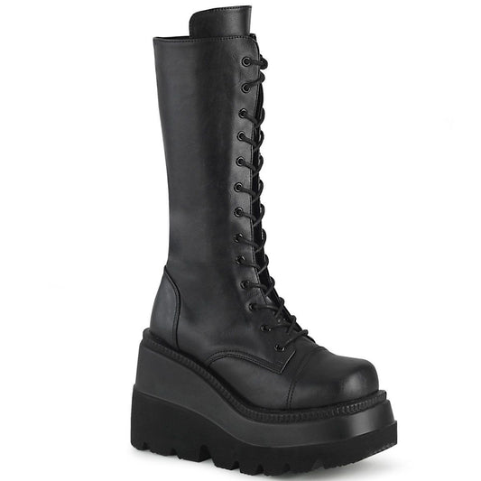 SHAKER-72 Black Vegan Leather Mid-Calf Boot Demonia