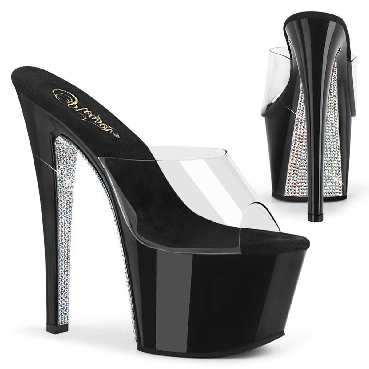 SKY-301CRS Clear/Black-Silver AB Rhinestone Slide Pleaser