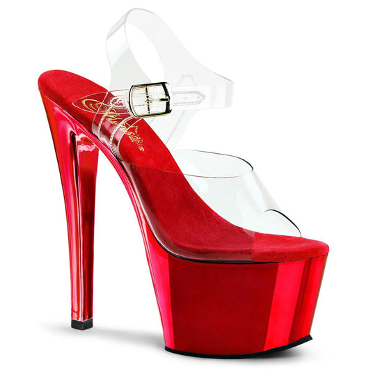 SKY-308 Clear/Red Chrome Platform Sandal Pleaser