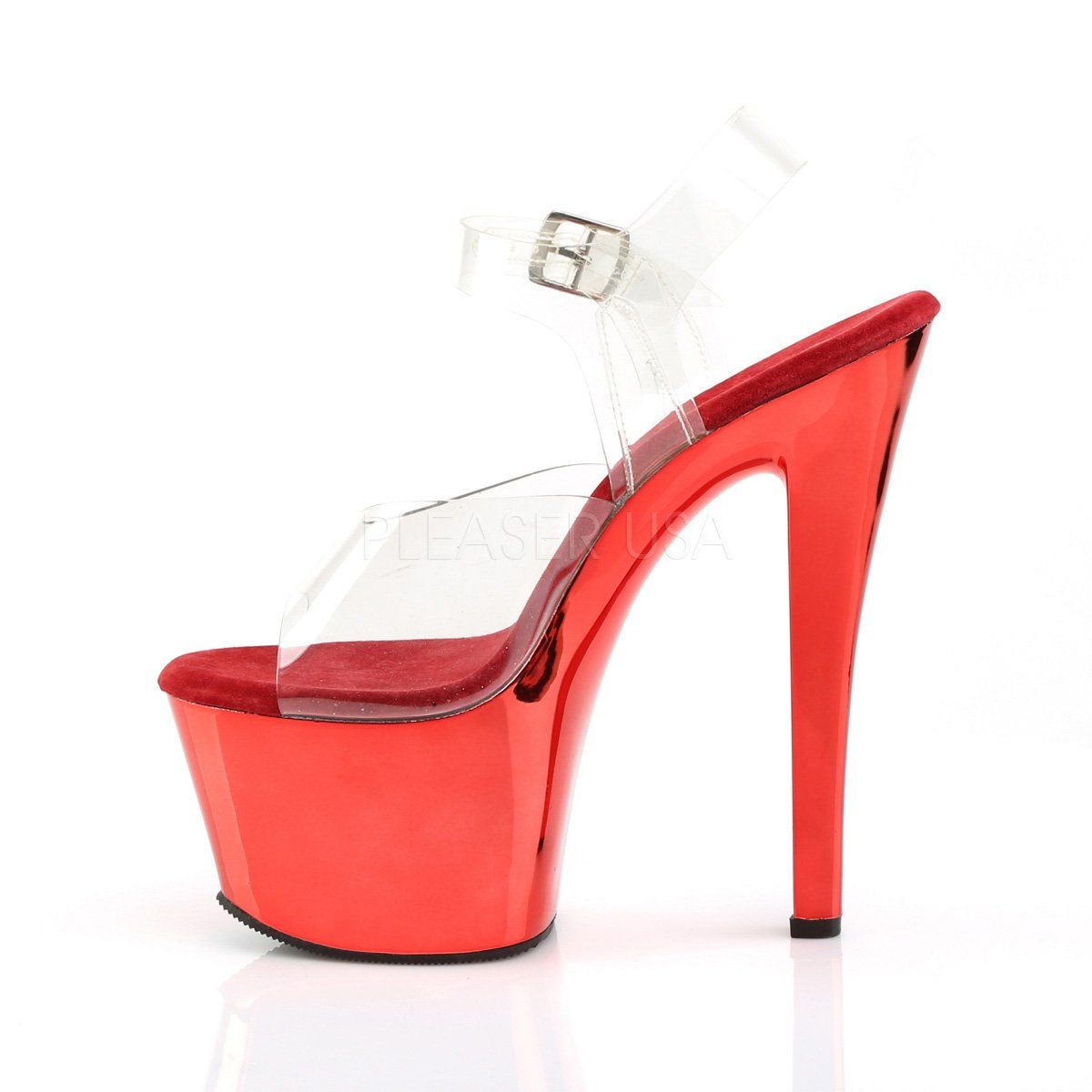 SKY-308 Clear/Red Chrome Platform Sandal Pleaser