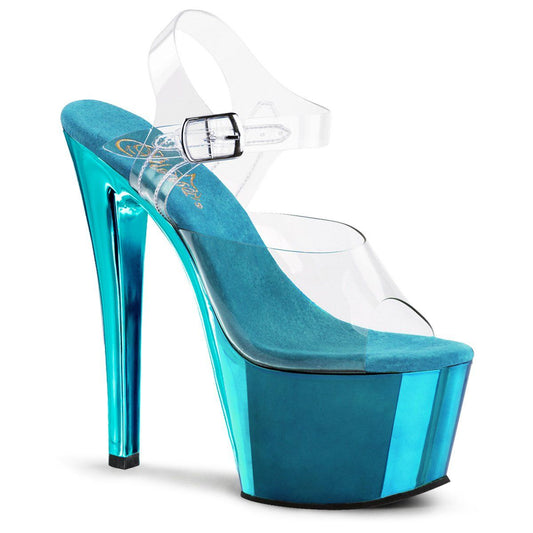 SKY-308 Clear/Turquoise Chrome Platform Sandal Pleaser