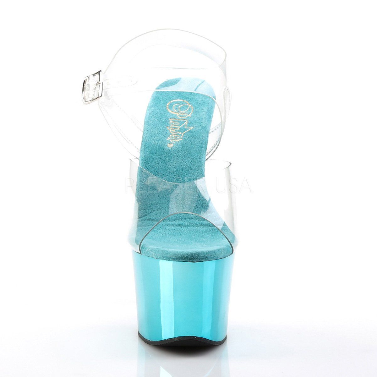 SKY-308 Clear/Turquoise Chrome Platform Sandal Pleaser