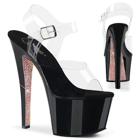 SKY-308CRS Clear/Black-Champagne AB Rhinestone Platform Sandal Pleaser