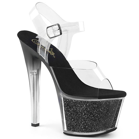 SKY-308G-T Clear/Black Glitter Inserts Platform Sandal Pleaser