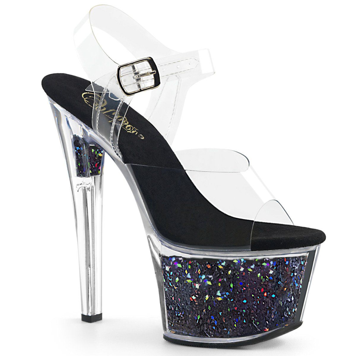 SKY-308GF Clear/Black Multi Glitter Platform Sandal Pleaser