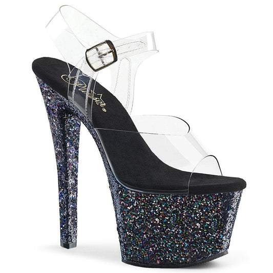 SKY-308LG Clear/Black Multi Glitter Platform Sandal Pleaser