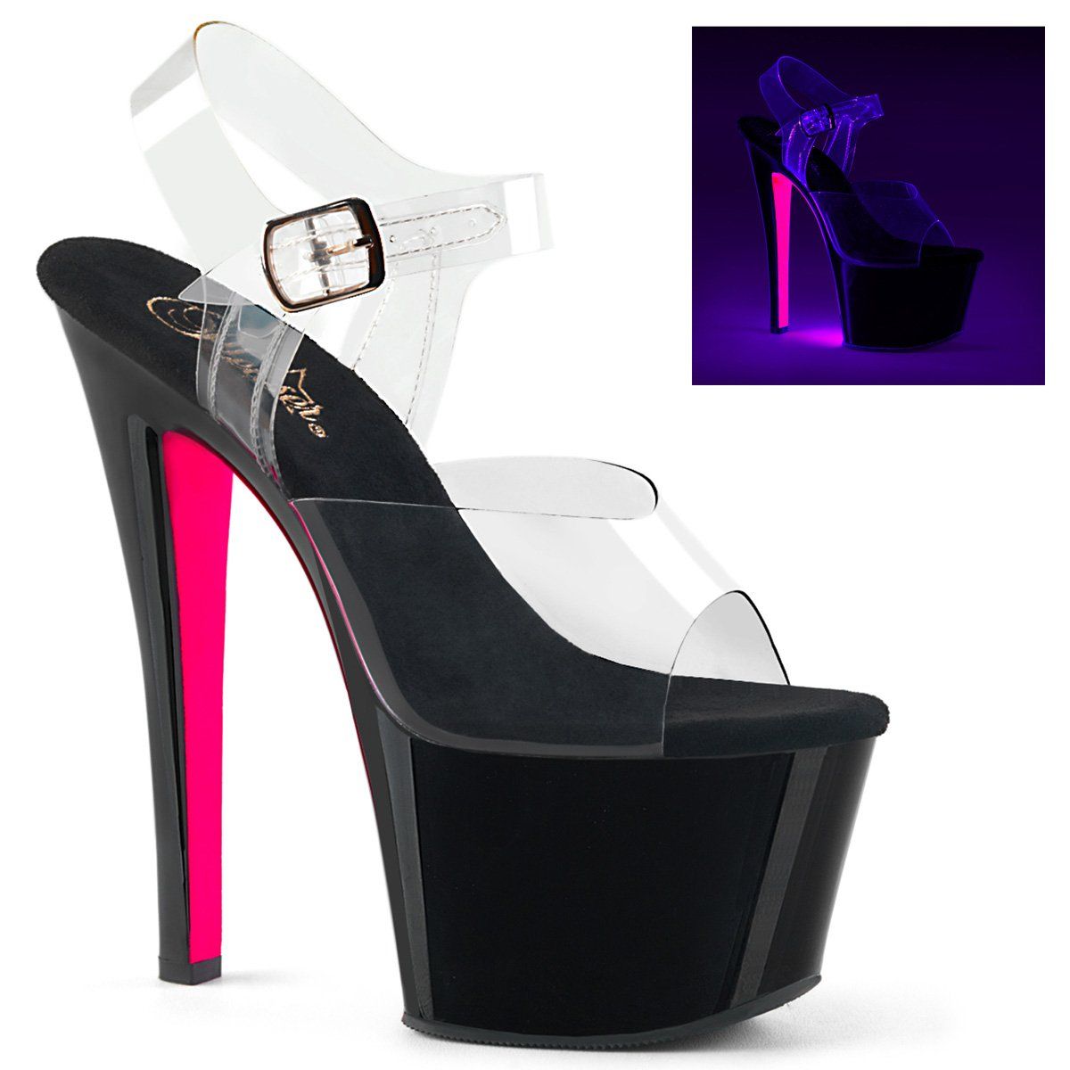 SKY-308TT Clear/Black-Neon Pink Platform Sandal Pleaser