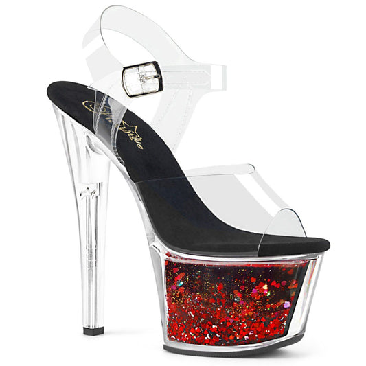 SKY-308WHG Clear/Black-Red Glitter Platform Sandal Pleaser