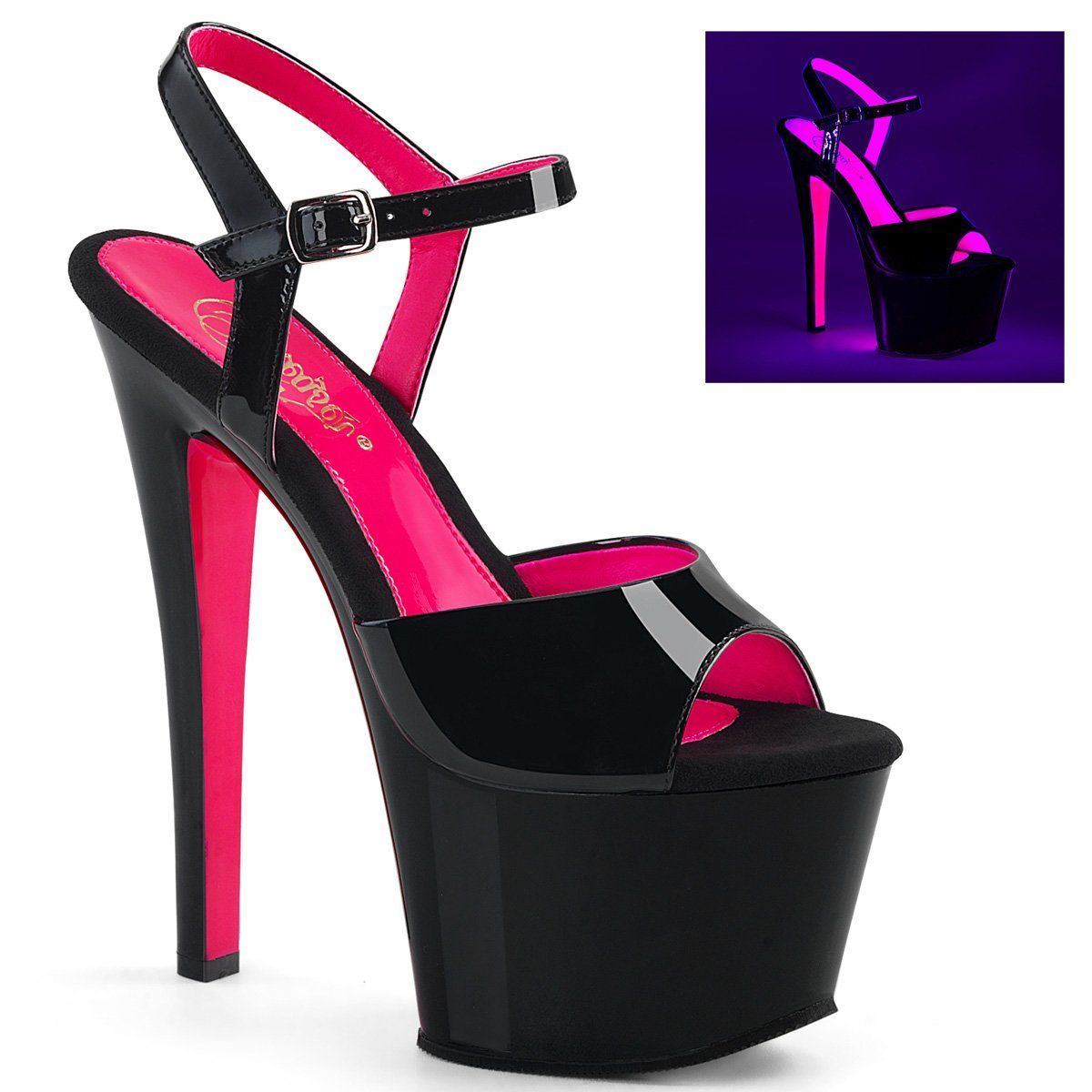 SKY-309TT Black Patent-Neon Hot Pink Platform Sandal Pleaser