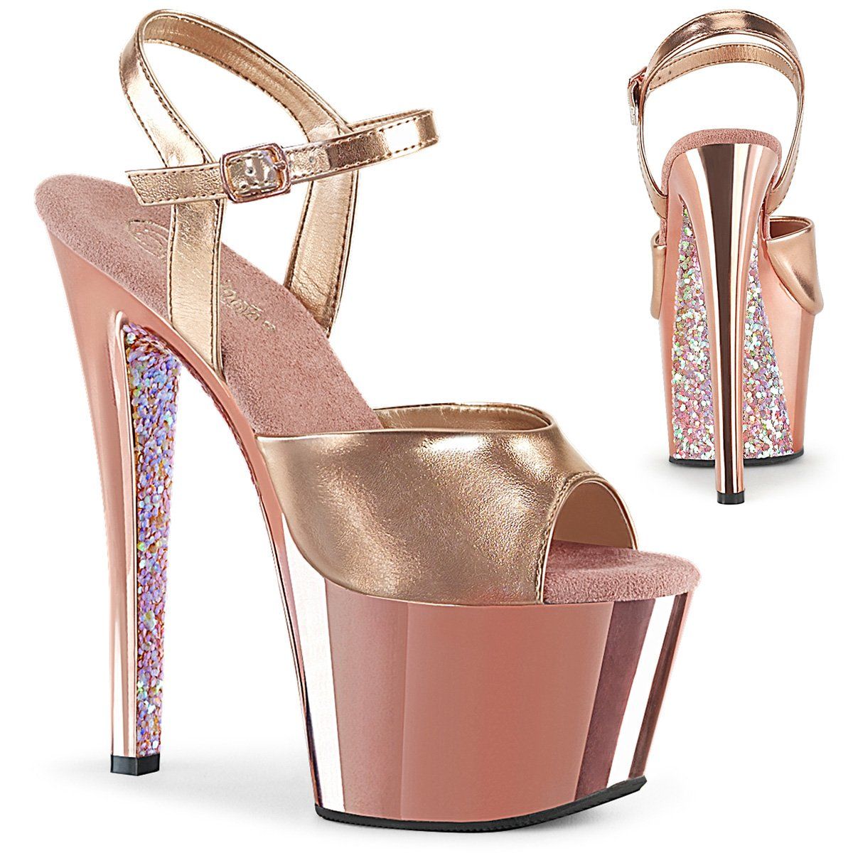 SKY-309TTG Rose Gold Metallic Pu/Rose G Chrome-Gltr Platform Sandal Pleaser