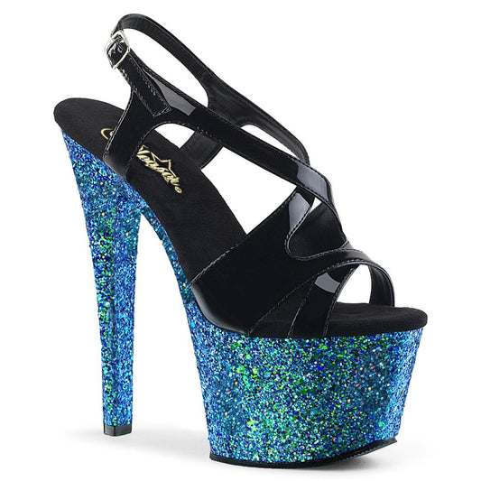 SKY-330LG Black Patent/Blue Multi Glitter Platform Sandal Pleaser
