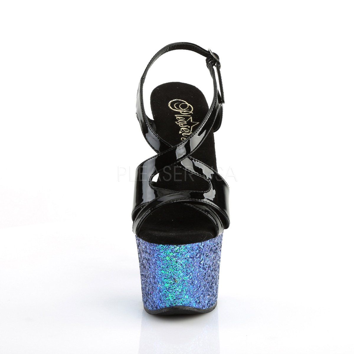 SKY-330LG Black Patent/Blue Multi Glitter Platform Sandal Pleaser