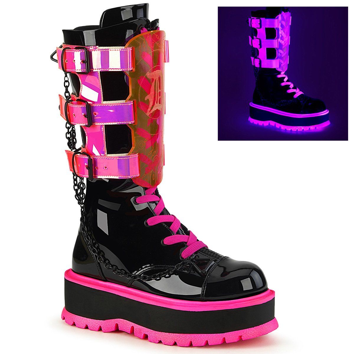 SLACKER-156 Black Patent-UV Neon Pink Mid-Calf Boot Demonia