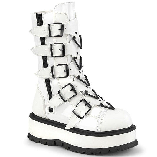SLACKER-160 White Patent Mid-Calf Boot Demonia