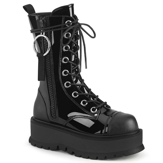 SLACKER-220 Black Patent-Vegan Leather Mid-Calf Boot Demonia